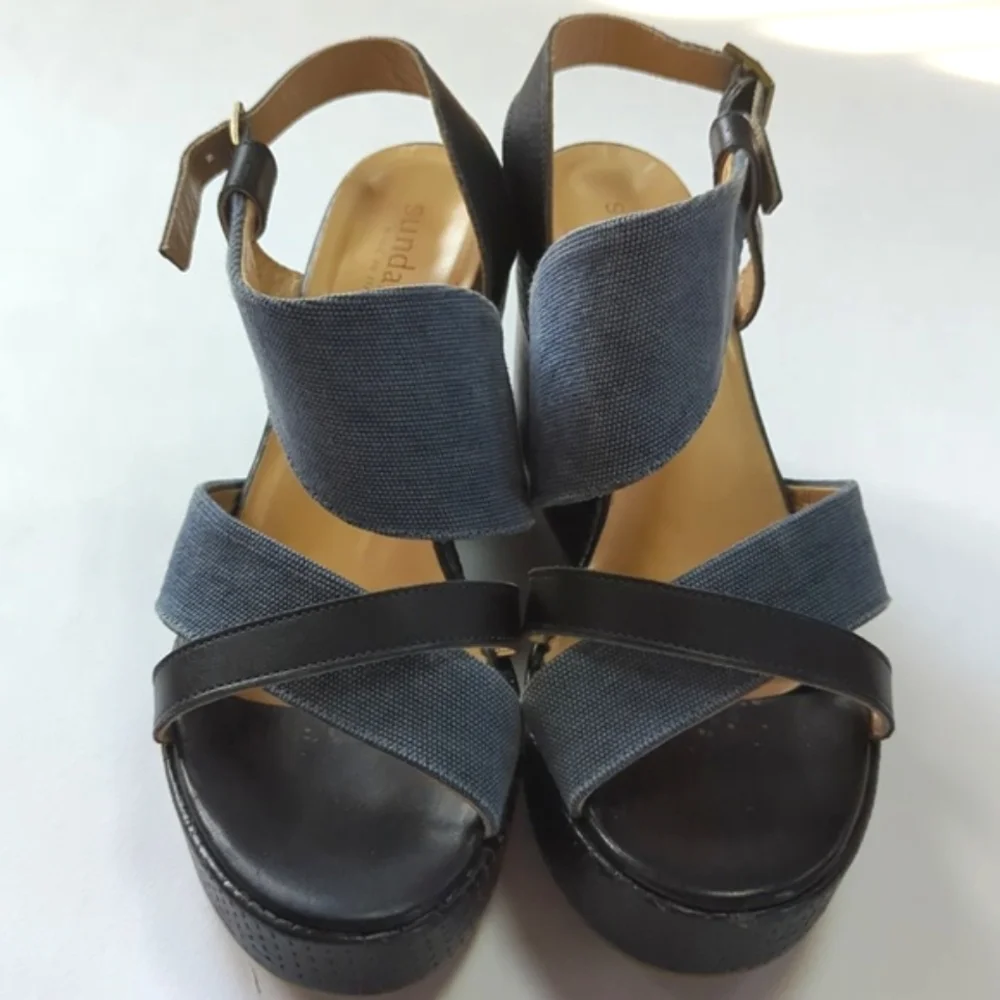 Sundance, Navy and denim blue strappy wedges. Size 38